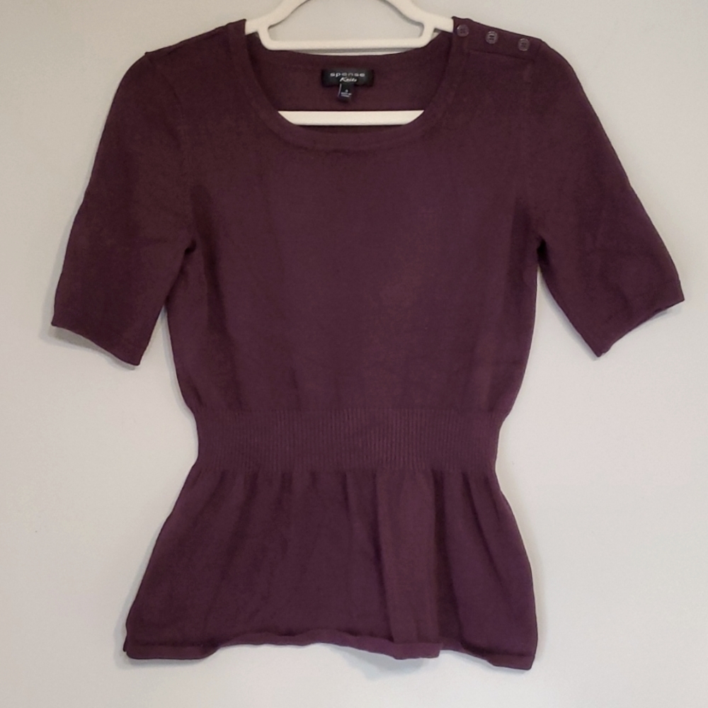 Spense Knits Cinched Waist Half Sleeve Wine Colored Sweater w/ Button Detail, S